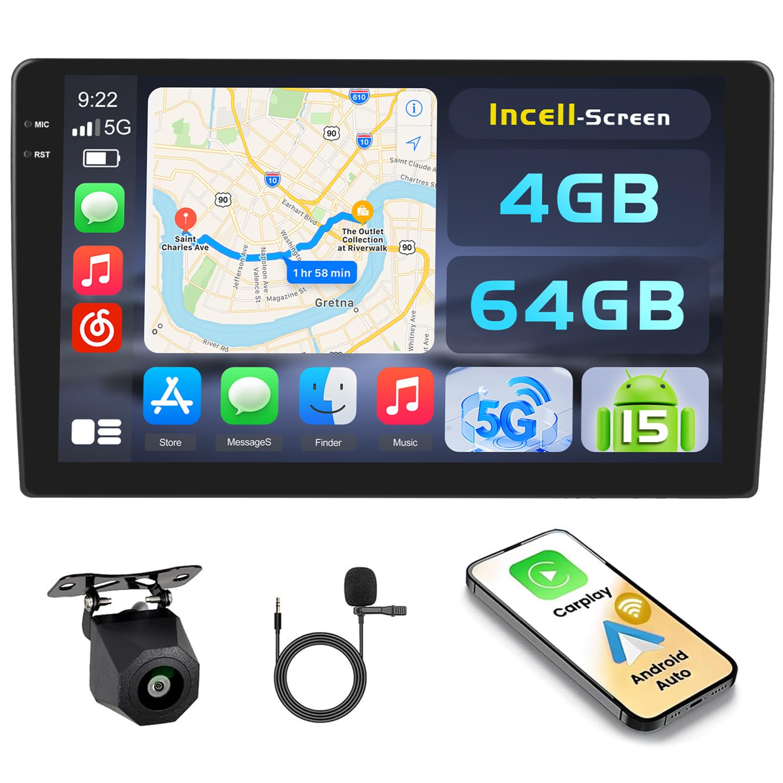 Amazon.com: [4+64G] Hikity Android 15 Carplay Stereo Double Din, 9